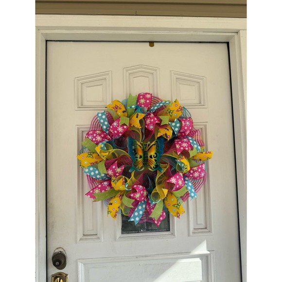 Butterfly Deco Mesh Ribbon Spring & Summer Wreath Front Door Hanger Home Decor - Picture 8 of 8